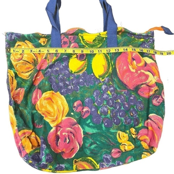 VINTAGE Floral Fruit Tote Bag Shopping Blue Pink Orange - Picture 2 of 6